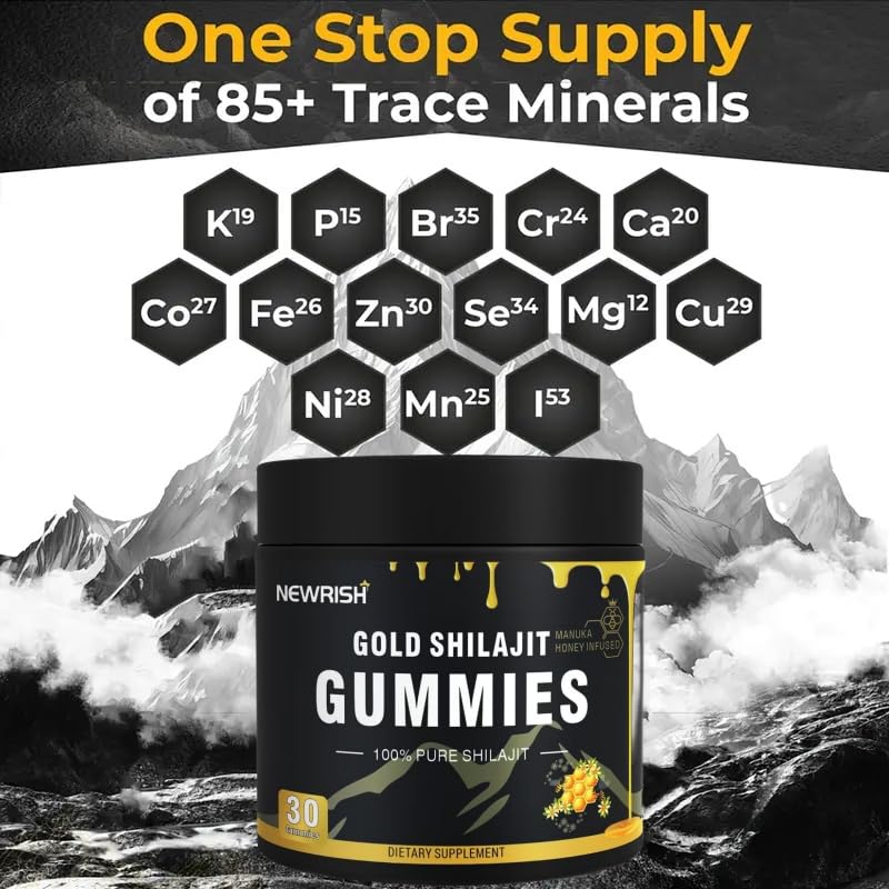 Gomme Shilajit Newrish sur plan de travail, qualité biologique.