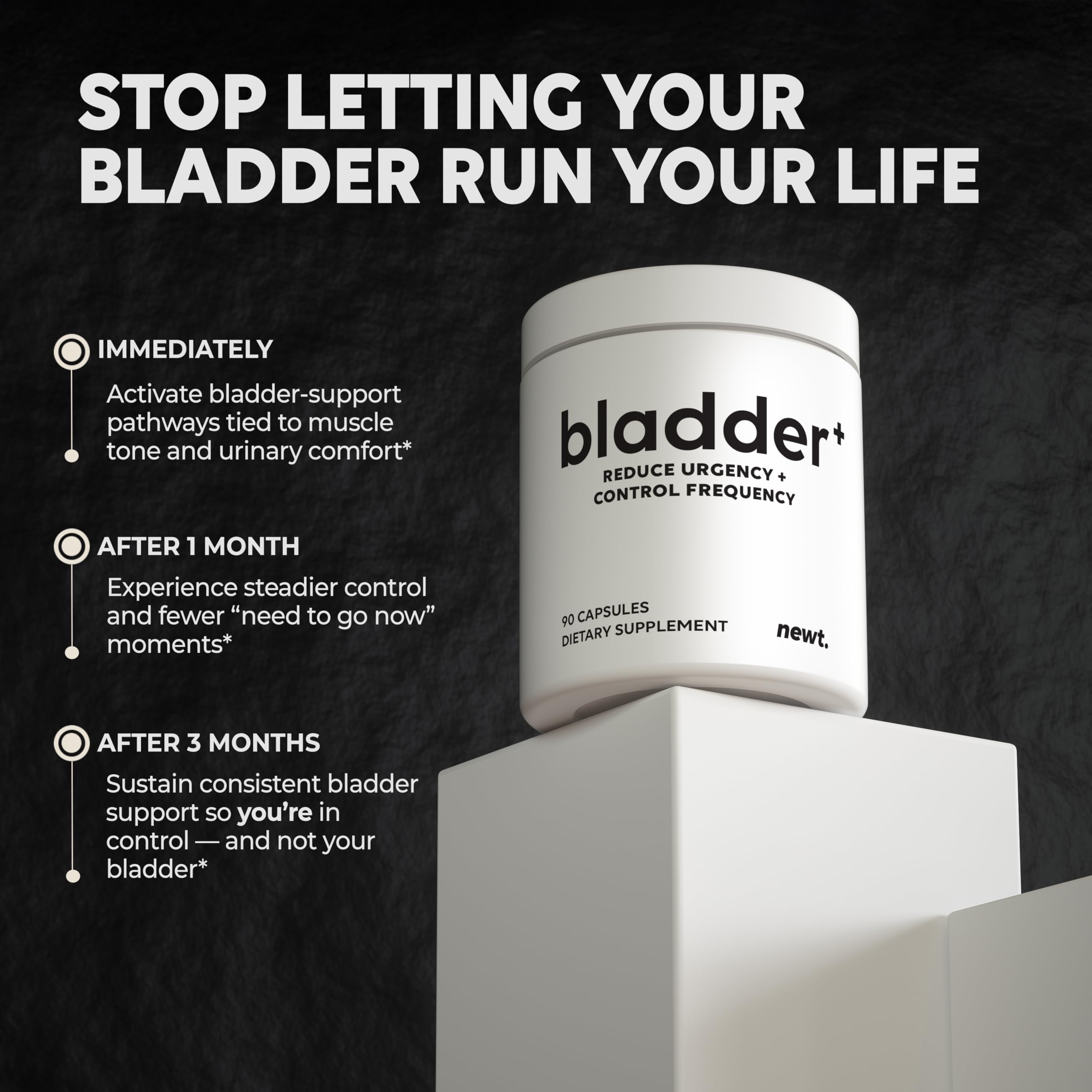 Newt BLADDER PLUS™ — emballage clair affichant une formule sans OGM et sans gluten.
