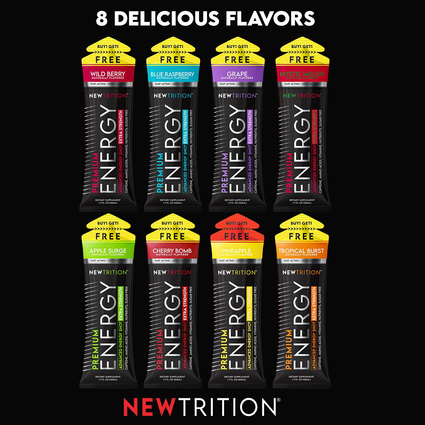 NewTrition Shot d'Énergie Explosion Tropicale, saveur intense et stimulation durable.