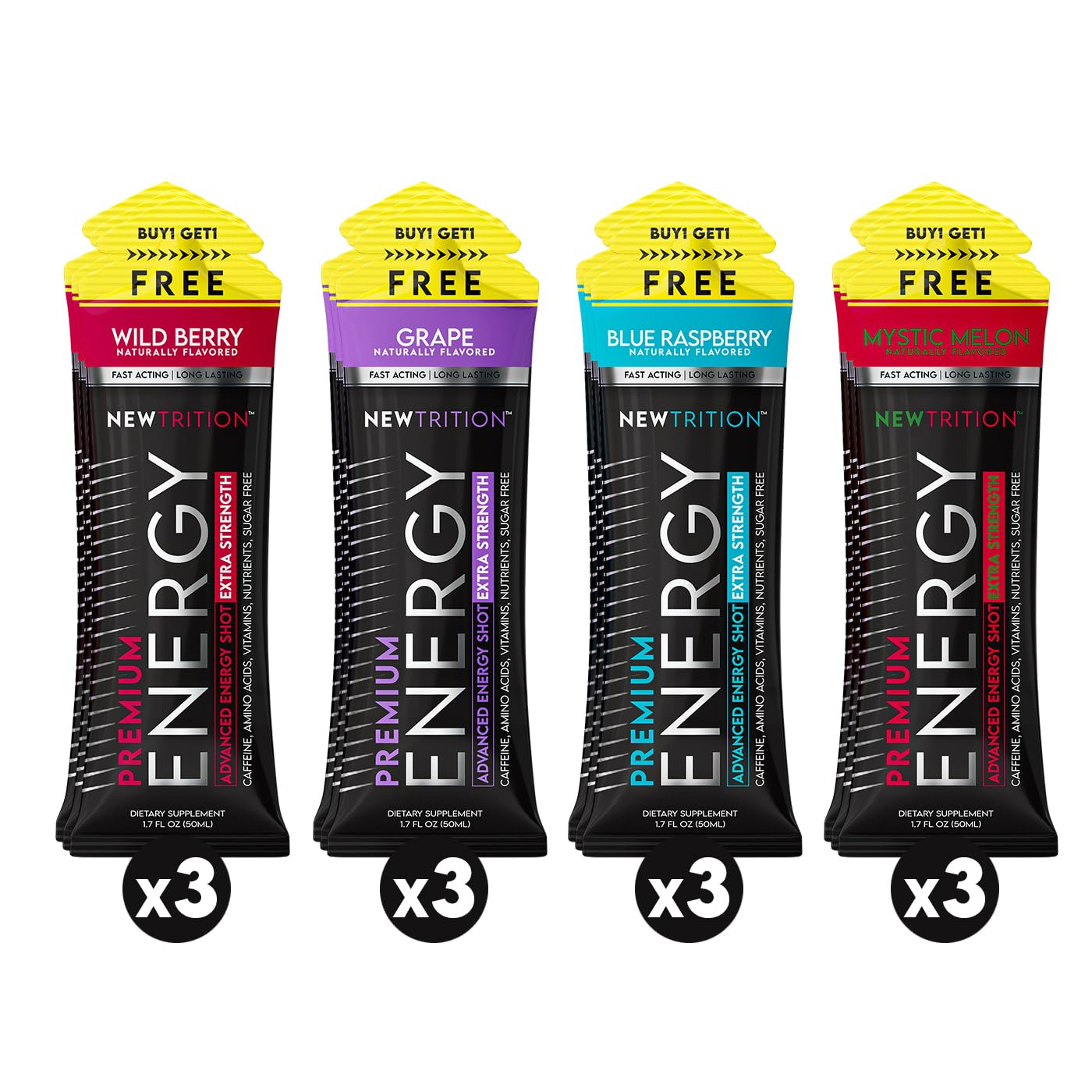 NewTrition Shot d'Énergie Framboise Bleue, boost rapide pour études et concentration.