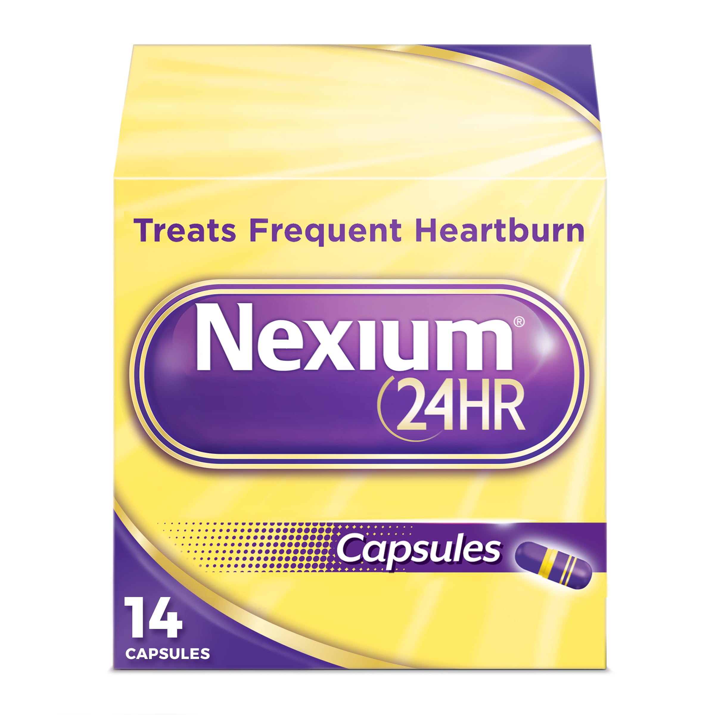 Nexium 24HR, boîte-gelules, soulagement durable pour les repas et la vie active.