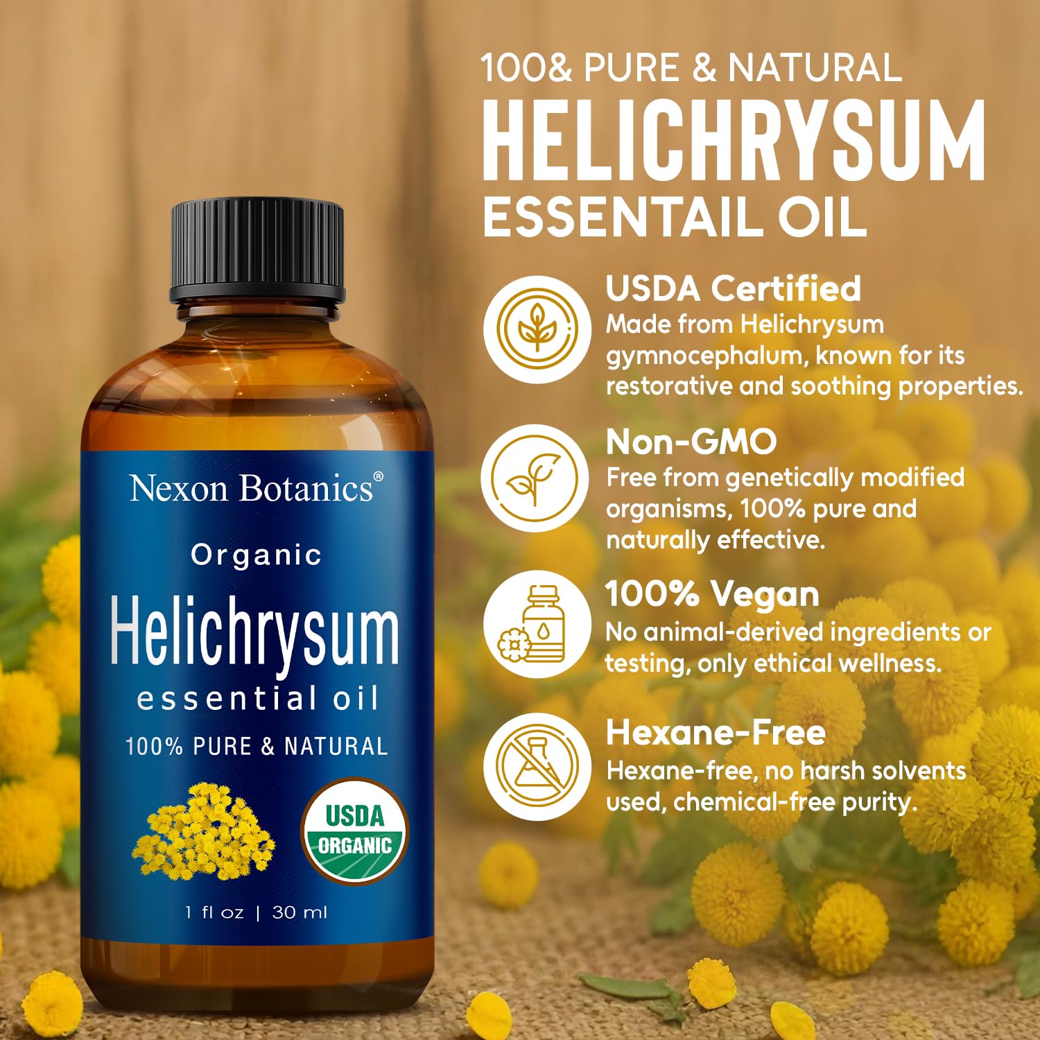 Diffuseur utilisant Helichrysum Nexon Botanics, expérience d'aromathérapie apaisante et relaxante.