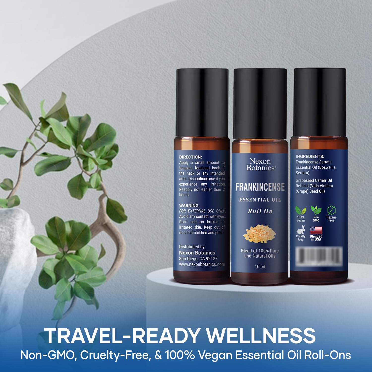 Nexon Botanics roll-on appliqué sur les tempes pour un moment de calme.