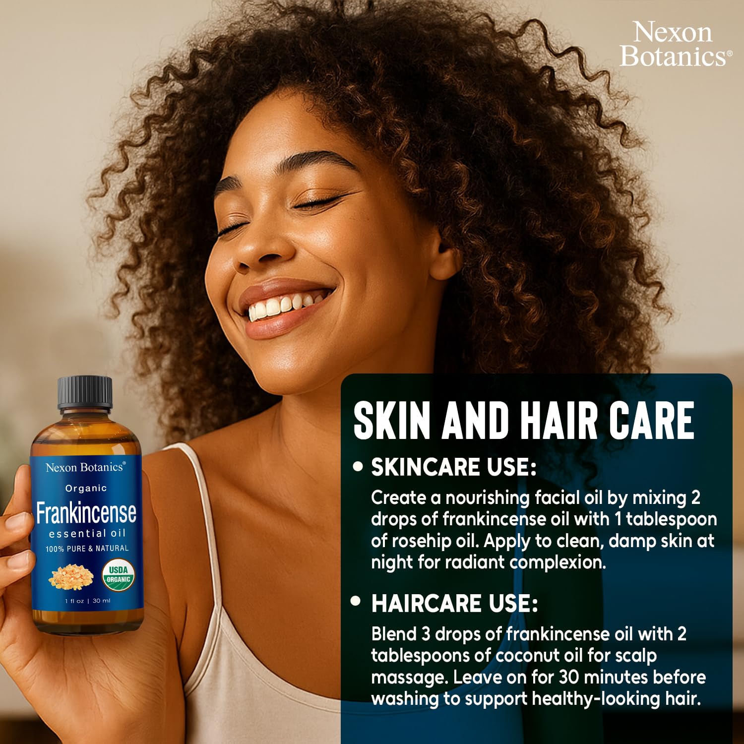 Nexon Botanics huile d'encens parfum doux bois pour diffusion apaisante.