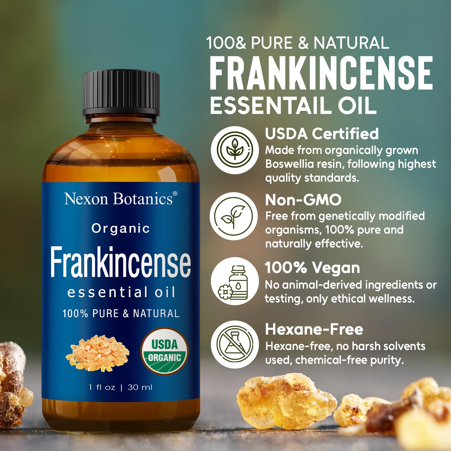 Nexon Botanics soin peau: huile d'encens tonifiante pour un teint harmonieux.