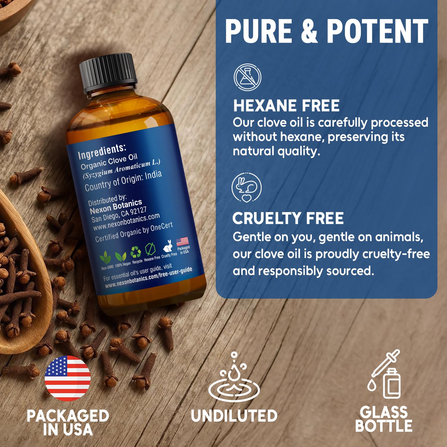 Huile Nexon Botanics girofle – emballage USA: produit fièrement emballé.