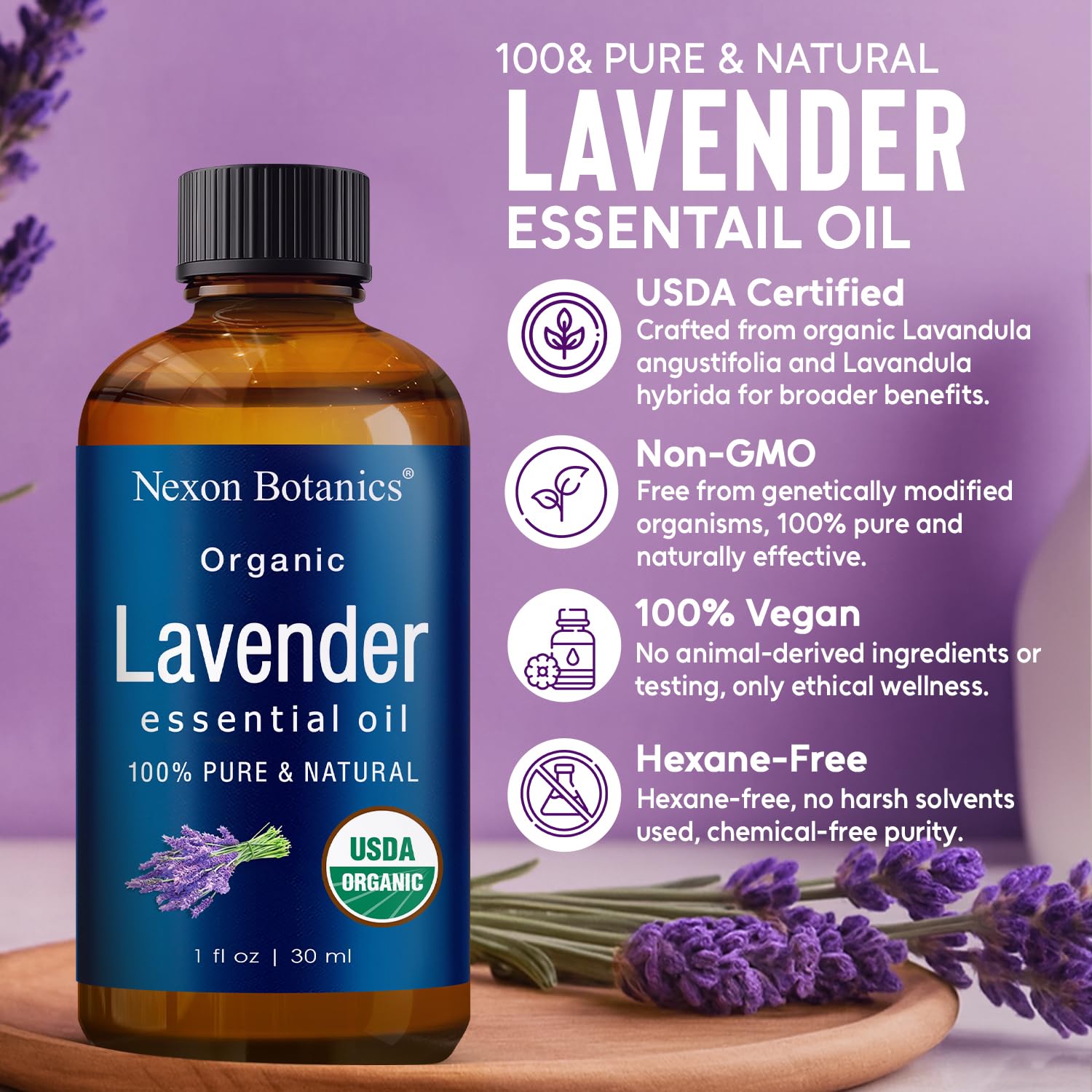 Capuchon et goutteur de lhuile de lavande Nexon Botanics, contrôle dapplication