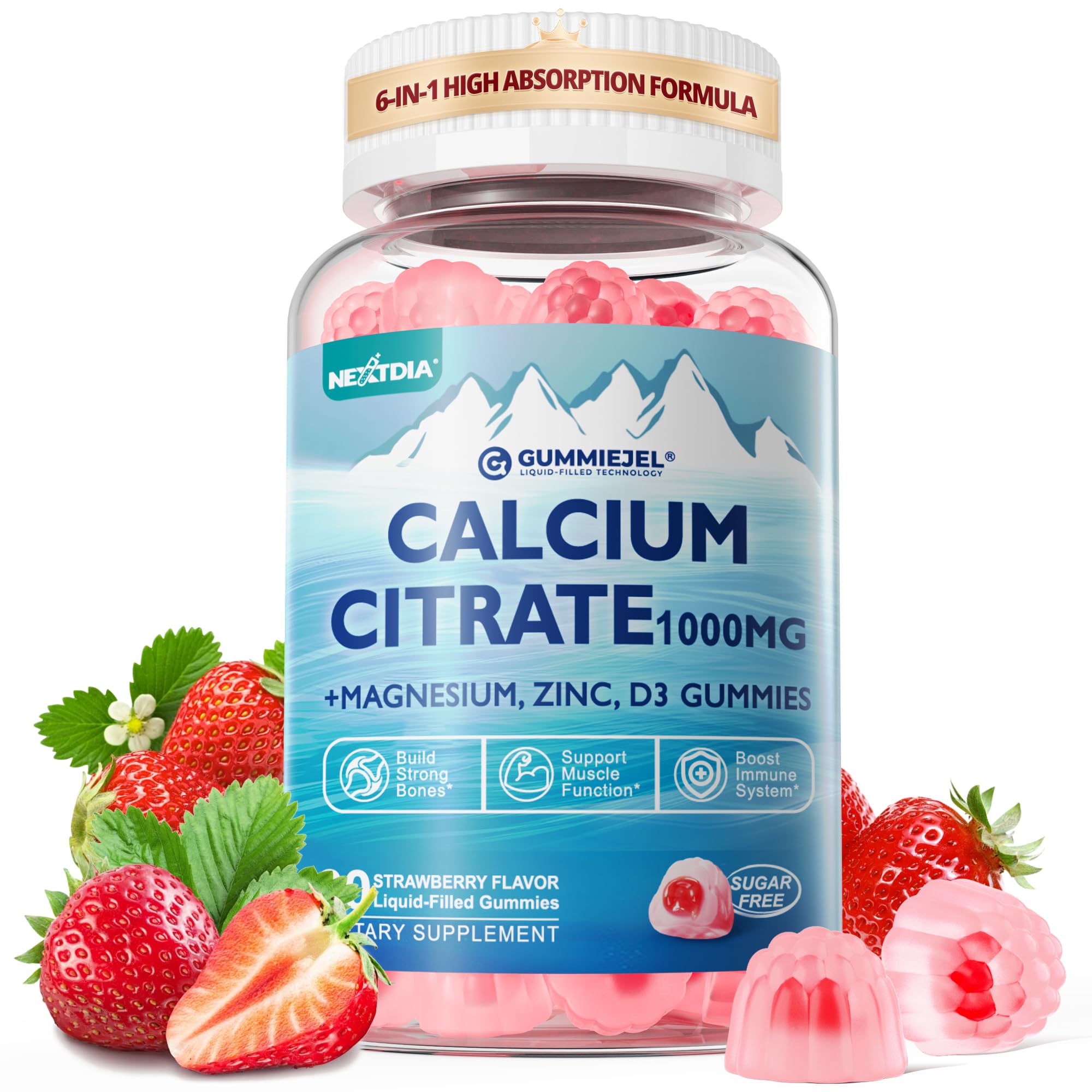 Nextdia Calcium Citrate 1000 mg, bouteille de bonbons gélifiés soutenant les os et les dents