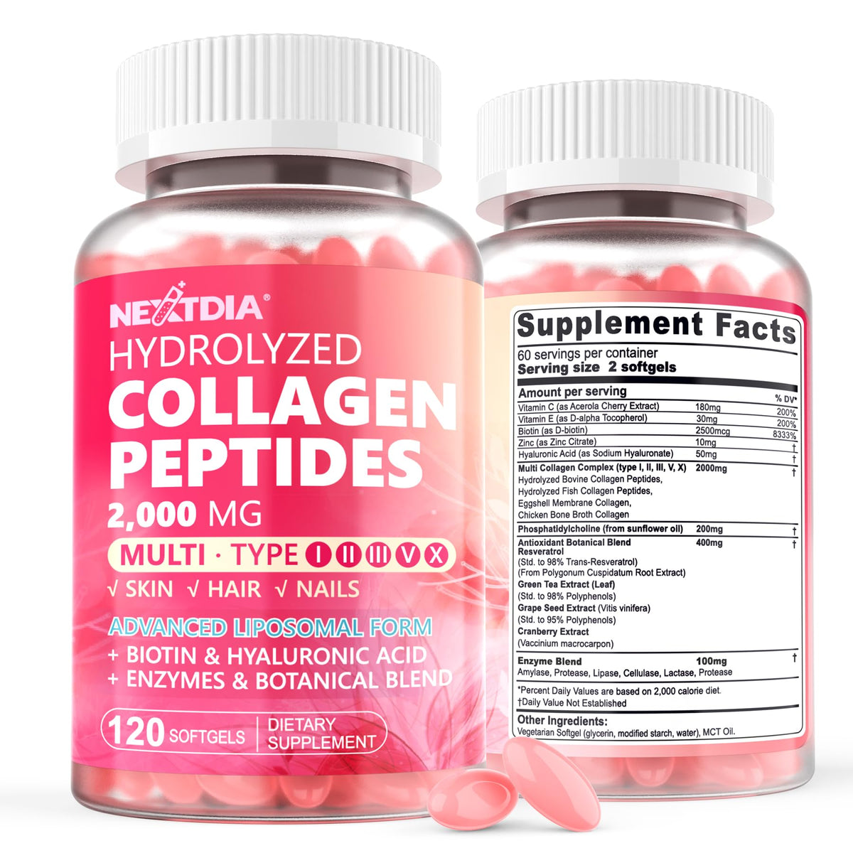 Nextdia collagène liposomal, boîte de gélules pour cheveux et peau.