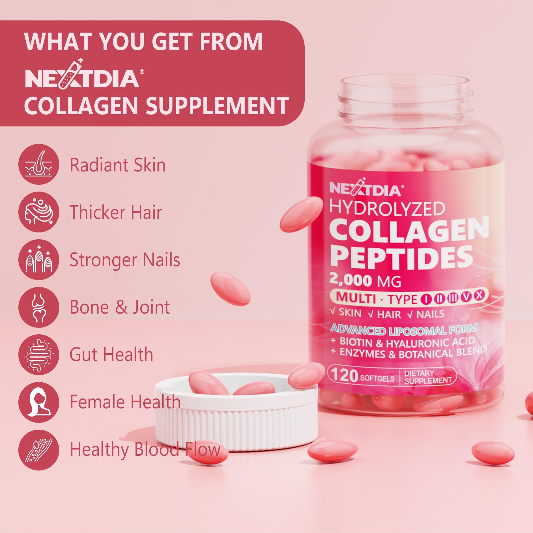Boîte Nextdia collagène liposomal sur fond blanc, qualité certifiée.