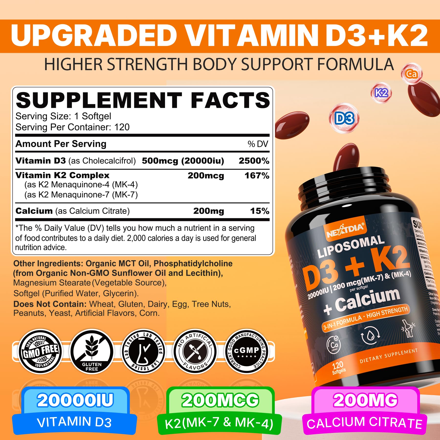 Nextdia D3K2, calcium citrate, absorption facilitée par liposome.