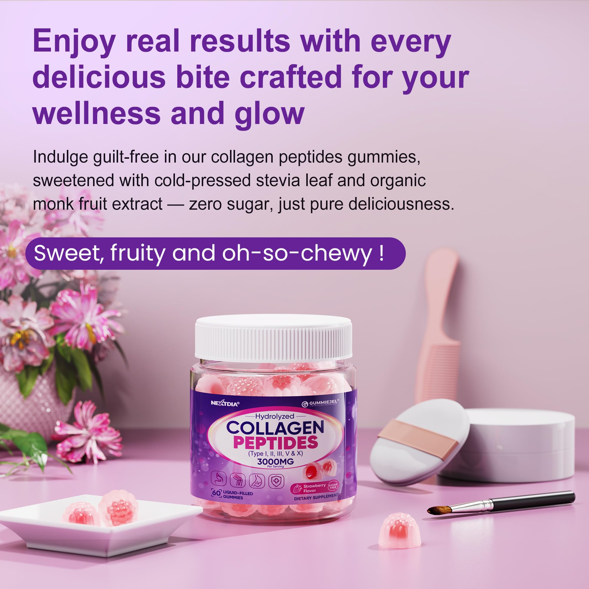 Nextdia Gommes Collagène – sans gélatine et sans allergènes pour différents régimes.