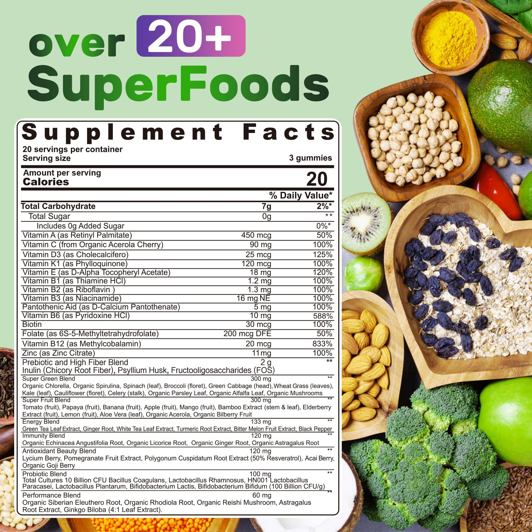 Aperçu nutritionnel des gommes Nextdia Super Greens sur l’étiquette.
