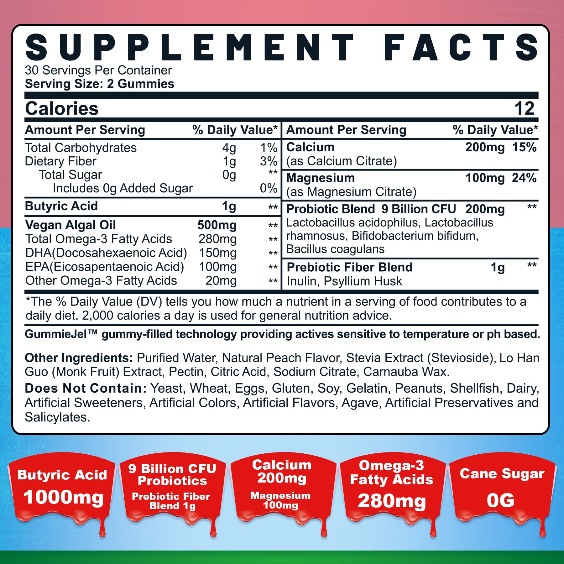 Nextdia gummies tableau ingrédients montrant probiotiques, prébiotiques et postbiotiques.