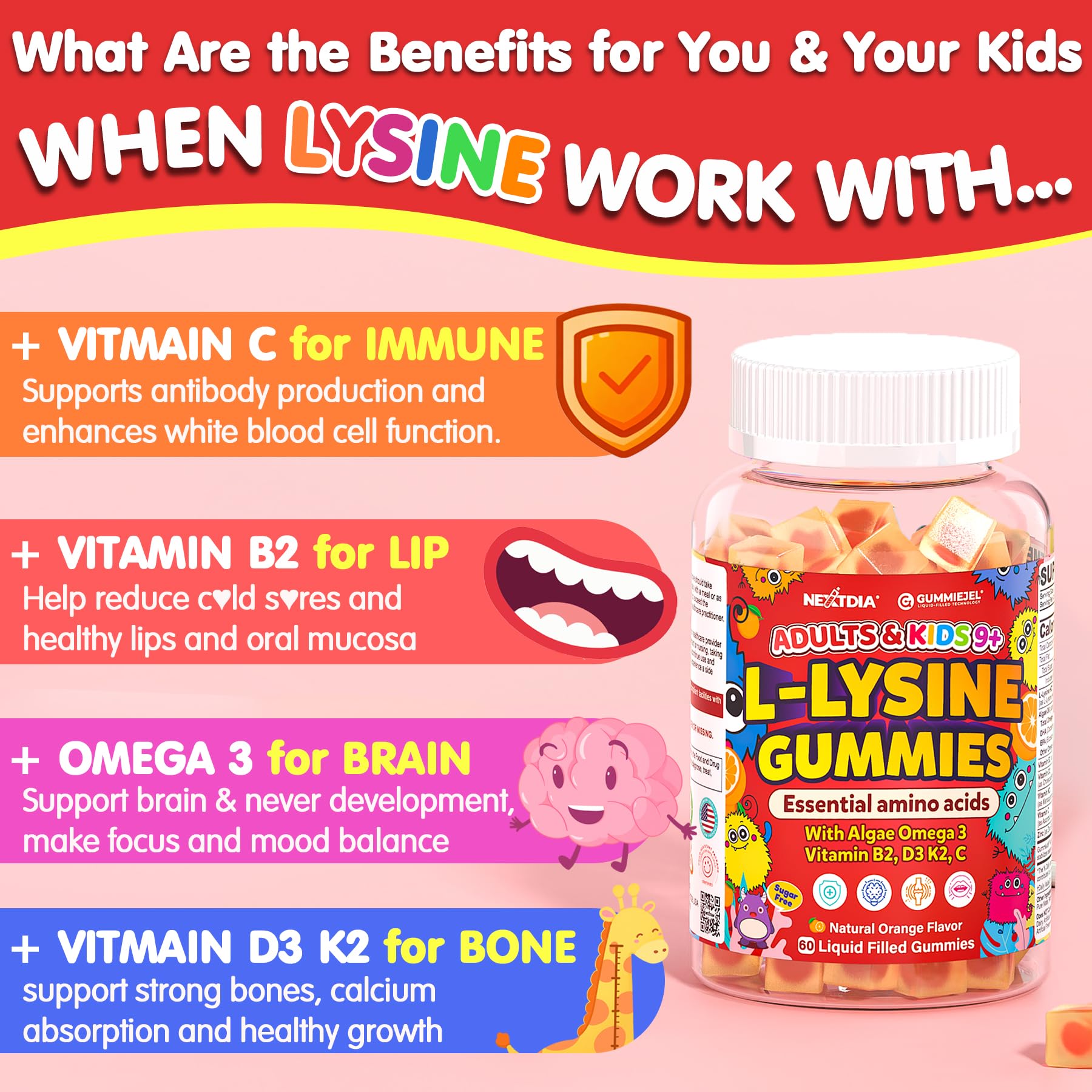 Nextdia L-Lysine Gommes – gros plan, gommes douces et faciles à mâcher.