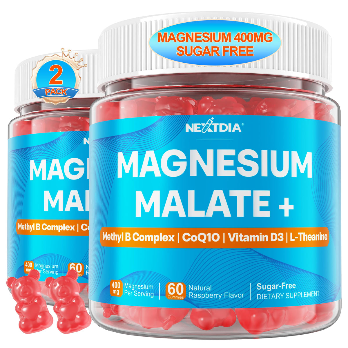 Nextdia Magnesium Malate Gummies dans la bouteille, énergie durable et bien-être quotidien.
