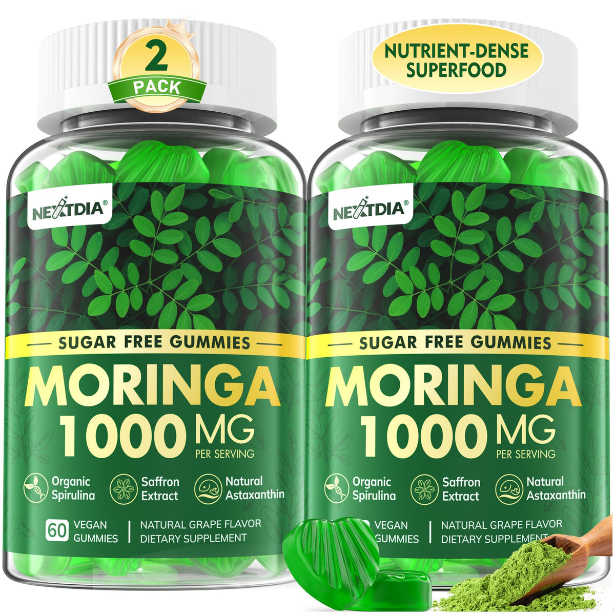 Nextdia Moringa Gummies, bouteille ouverte: collation naturelle et énergisante.