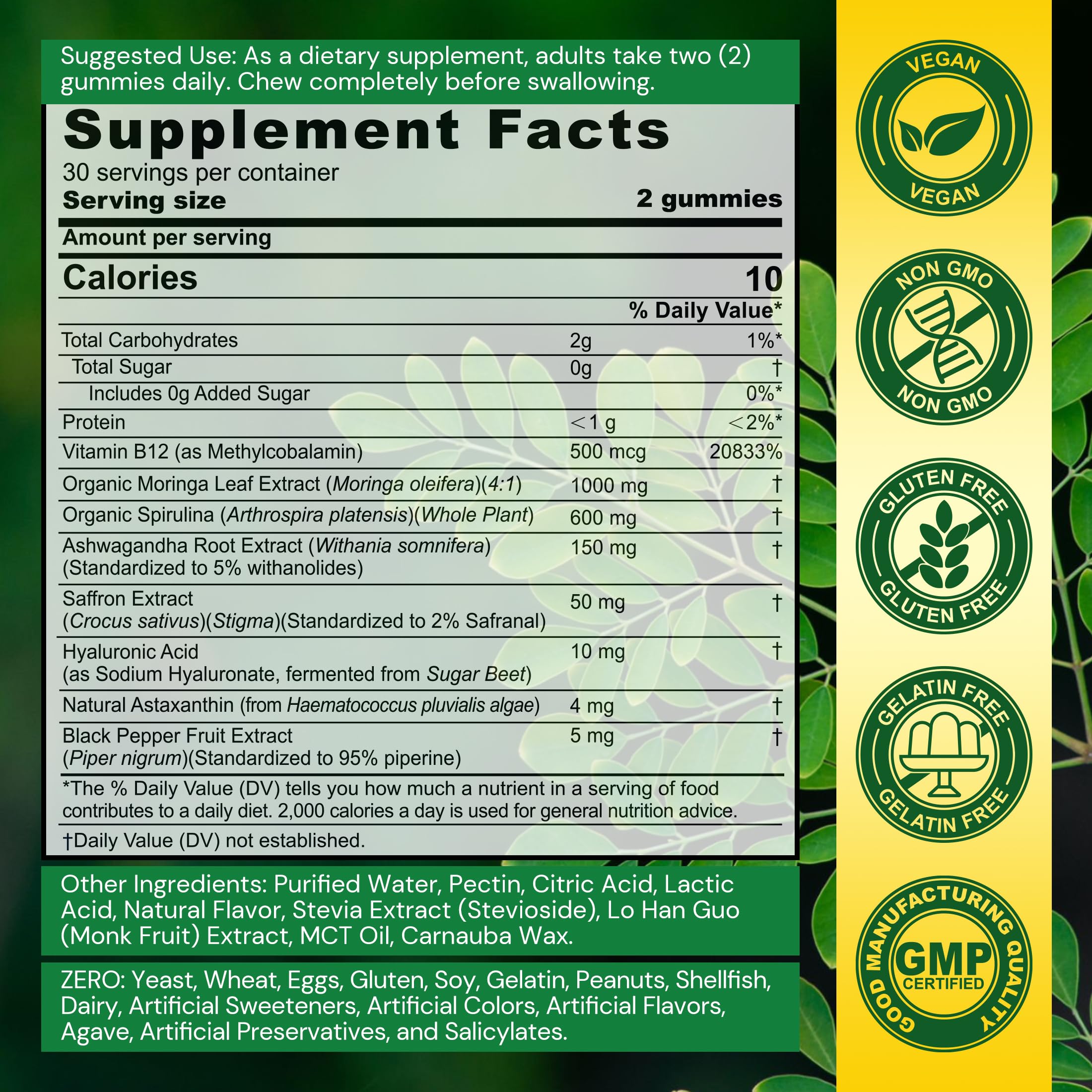 Nextdia Moringa Gummies, étiquette biologique: ingrédients propres et transparence.