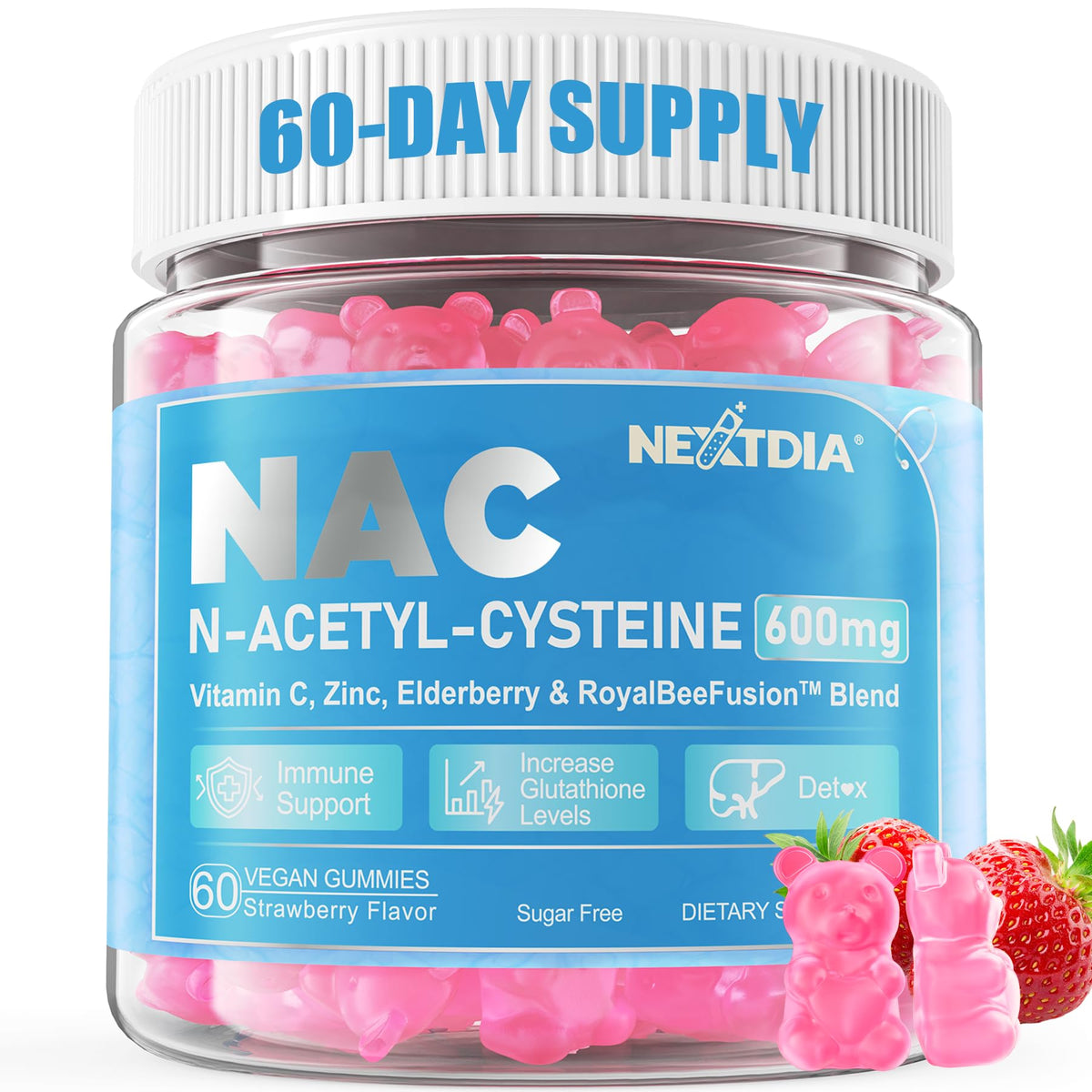 Nextdia NAC Gummies: bouteille et étiquette visibles, formulation sans sucre.
