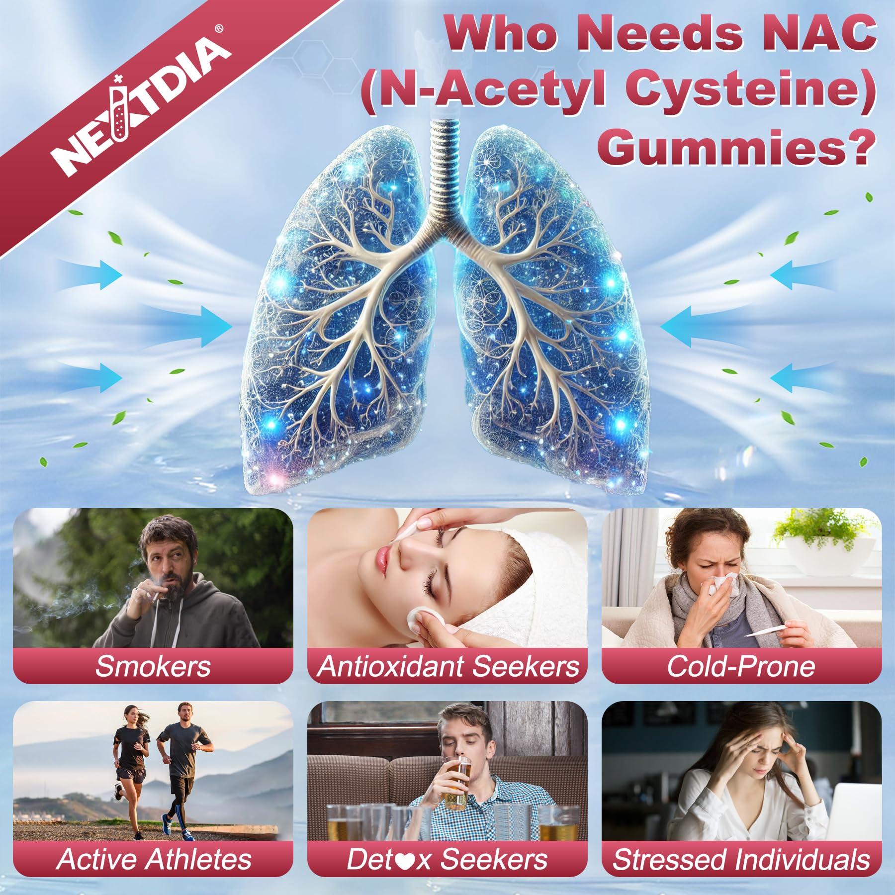 Nextdia NAC Gummies utilisation quotidienne recommandée pour adultes et enfants.