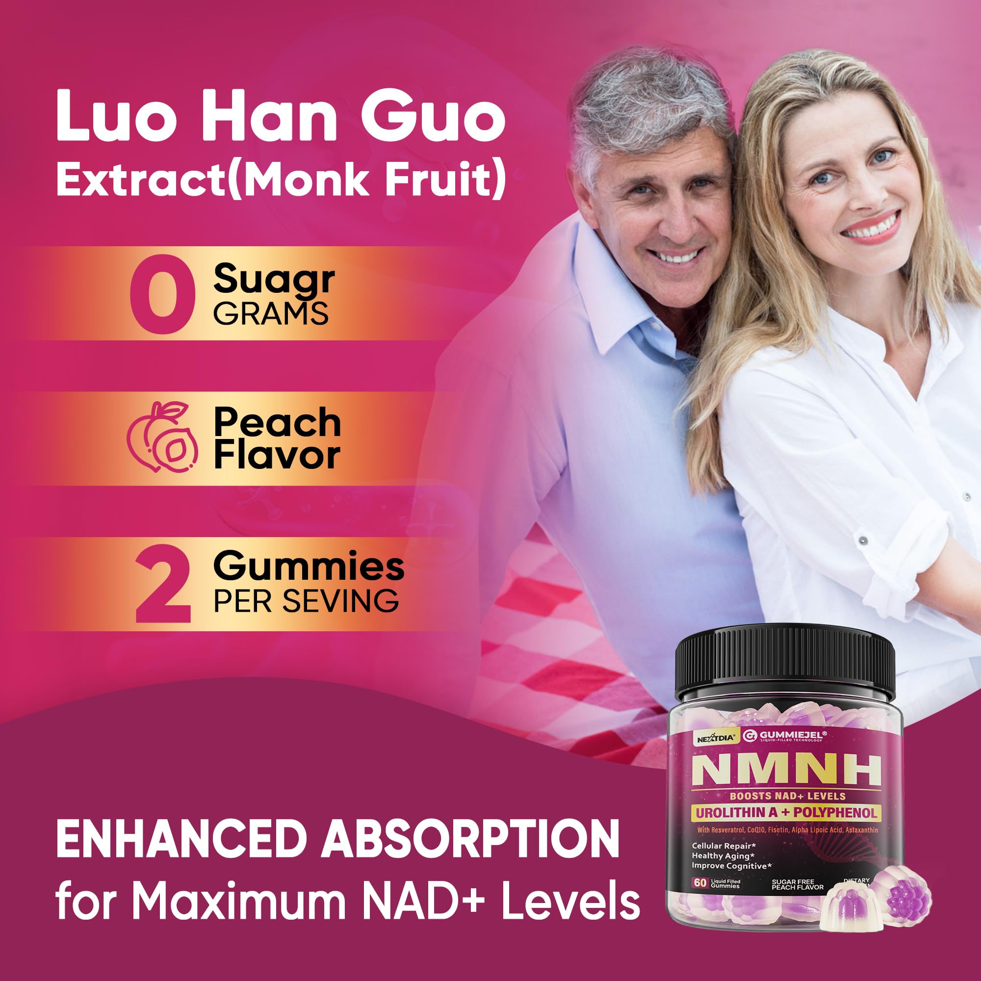 Nextdia NMNH Gummies affichage clair: étiquette transparente et informations.
