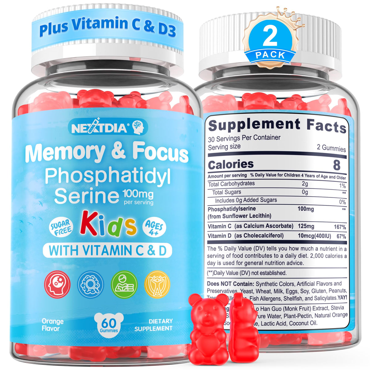 Nextdia Phosphatidylsérine gommes enfants, texture facile à mâcher et concentration potentielle.