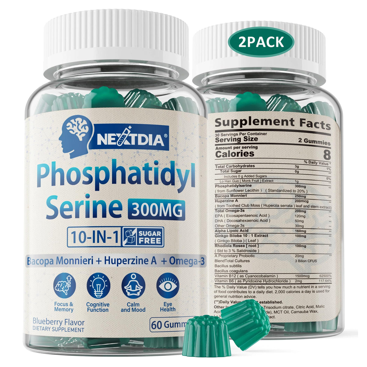 Nextdia phosphatidylsérine bonbons gélifiés myrtille: bouteille douceur bleue pour concentration potentielle tout au long de la journée