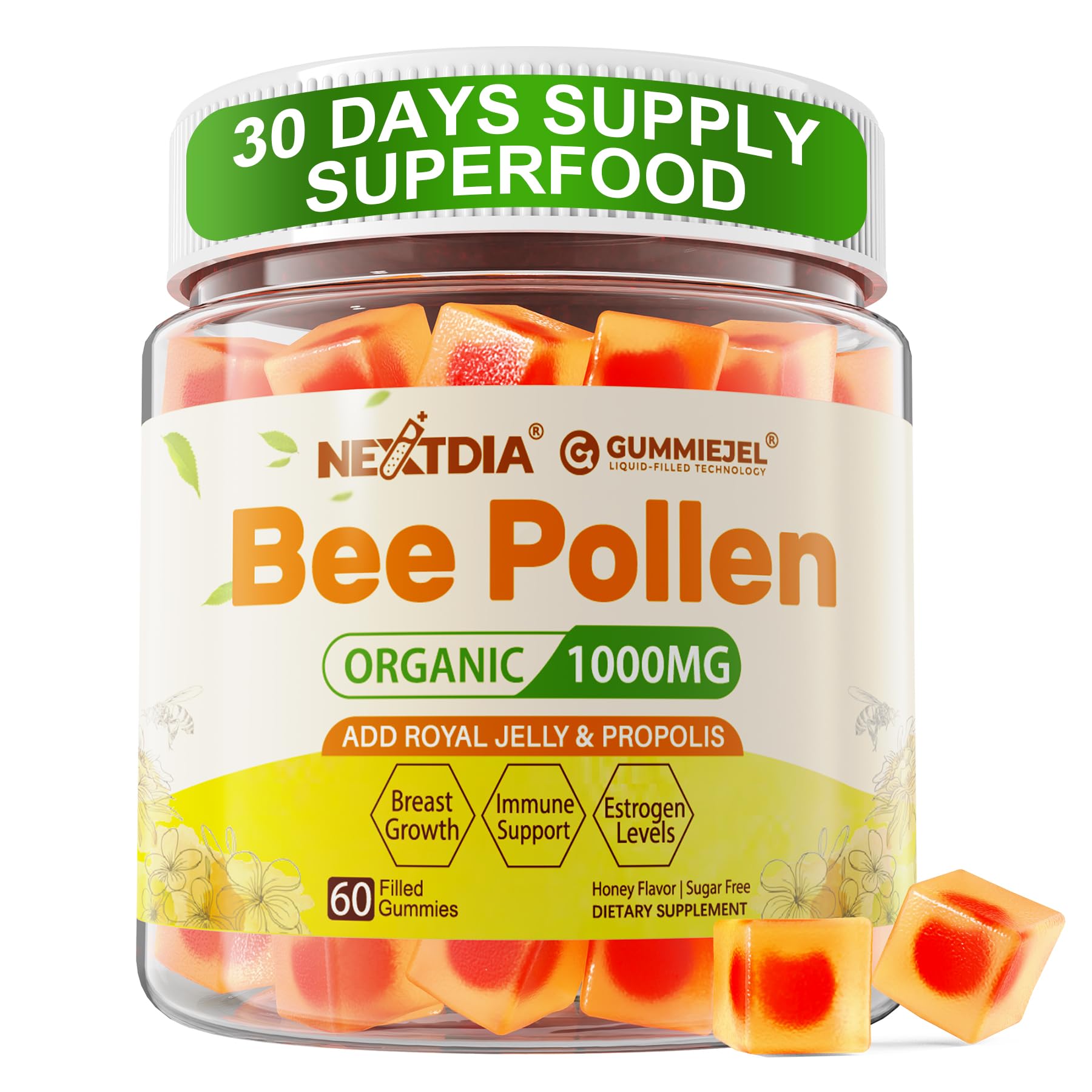 Nextdia pollen abeille biologique 1000mg sur emballage, énergie naturelle.