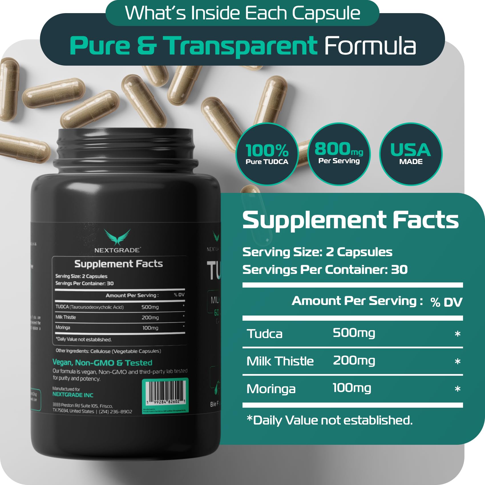 NEXTGRADE Tudca 500 mg – capsules faciles à avaler pour digestion et équilibre.