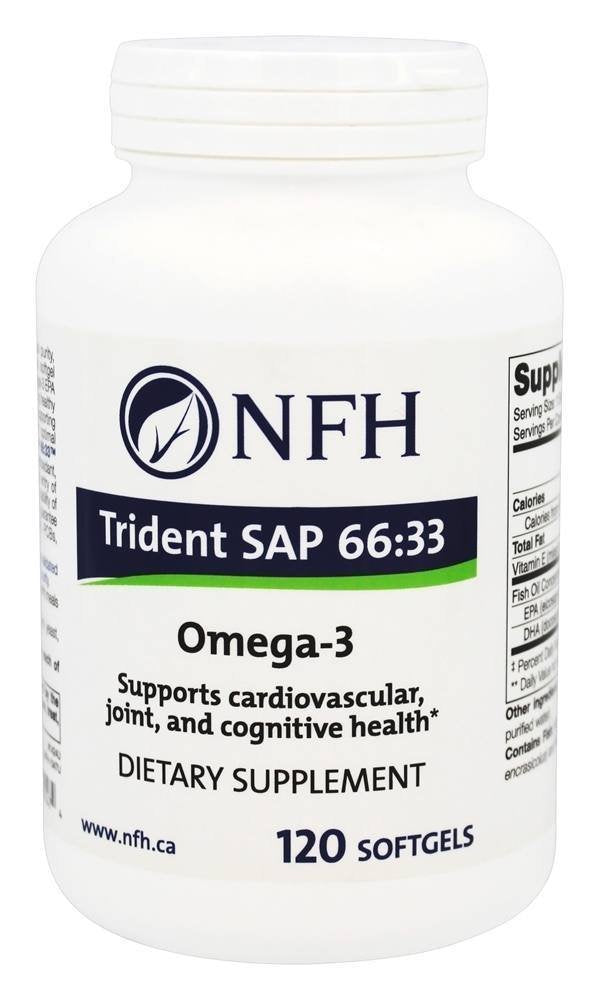 Gélules Trident NFH 66:33 dans une bouteille, soutien potentiel cœur et vitalité.