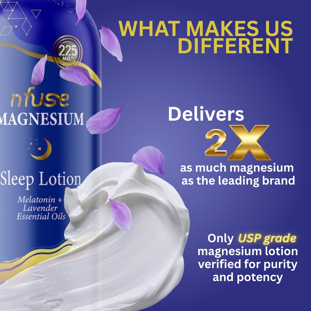 Lotion nfuse avec mélatonine et lavande favorisant la détente avant le coucher.