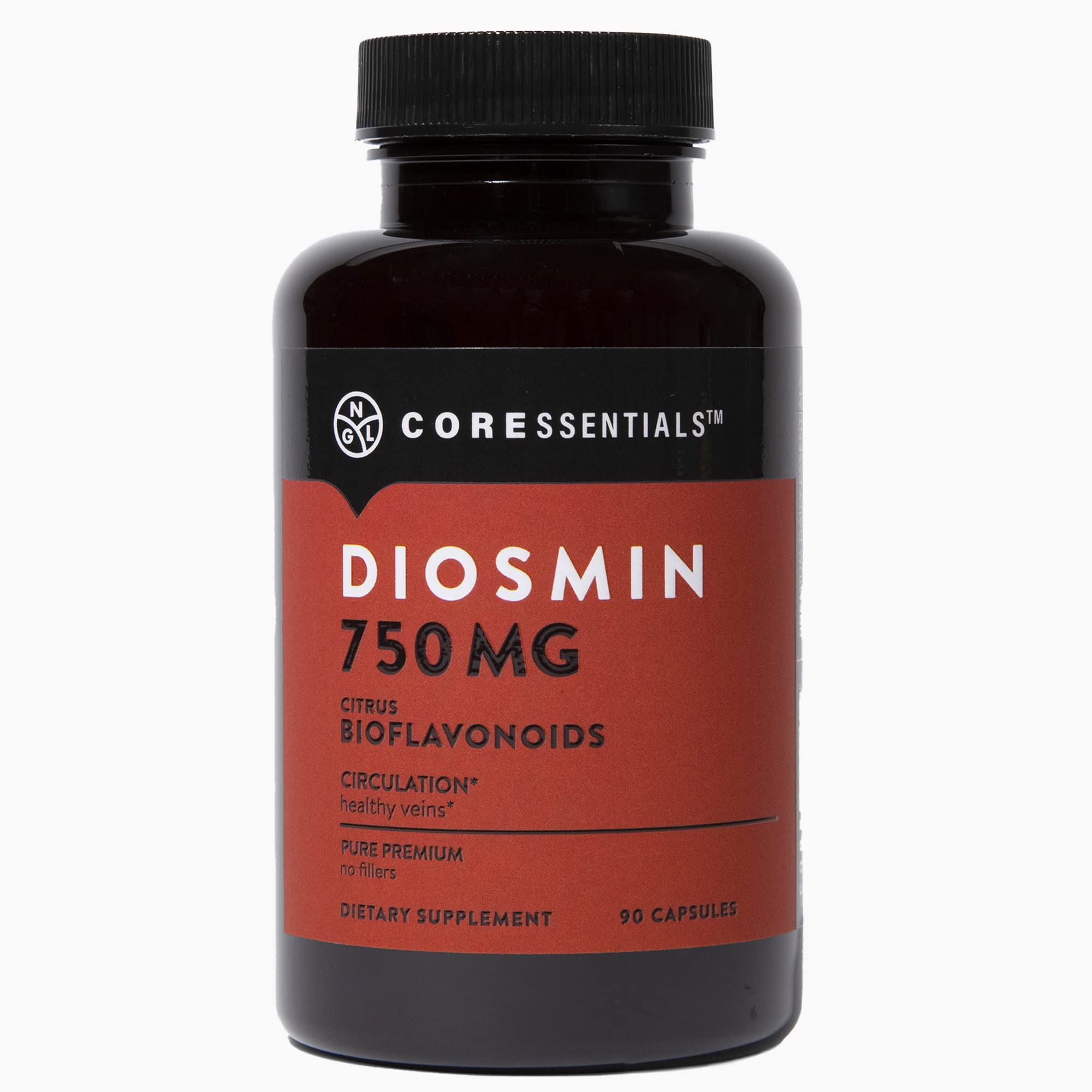 NGL Pure Diosmin 750 mg, bouteille, soutien potentiel à la circulation et confort des jambes.