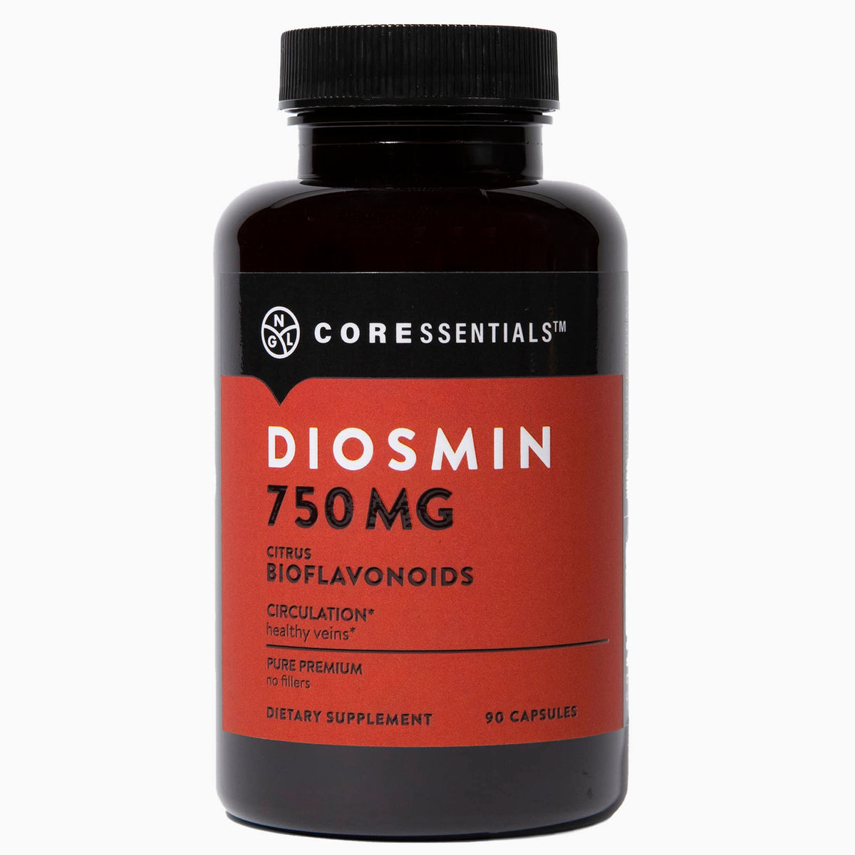 NGL Pure Diosmin 750 mg, bouteille, soutien potentiel à la circulation et confort des jambes.