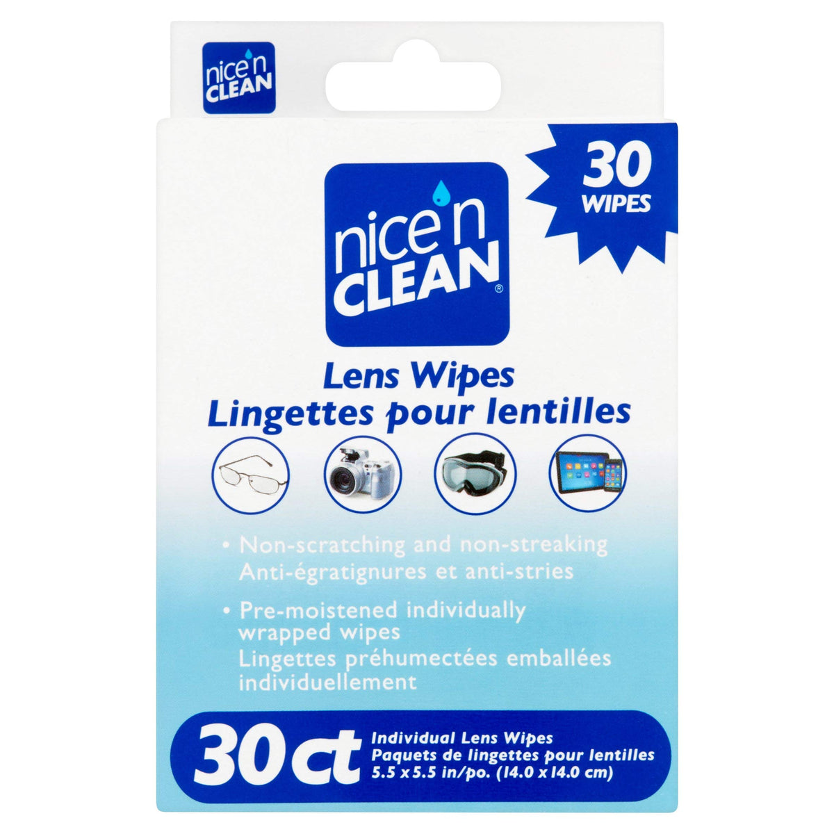 Lingettes Nice 'N Clean pour lentilles pré-humidifiées, nettoient écrans et lunettes sans rayures