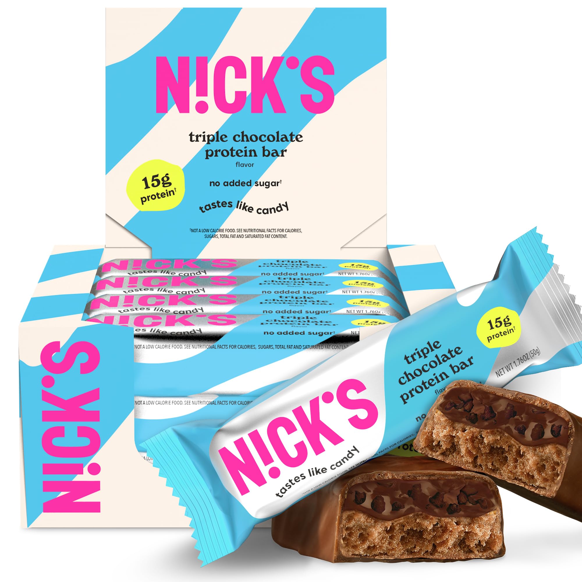 Nick's barres proteines triple chocolat - emballage 12 barres pour une collation proteine rapide.