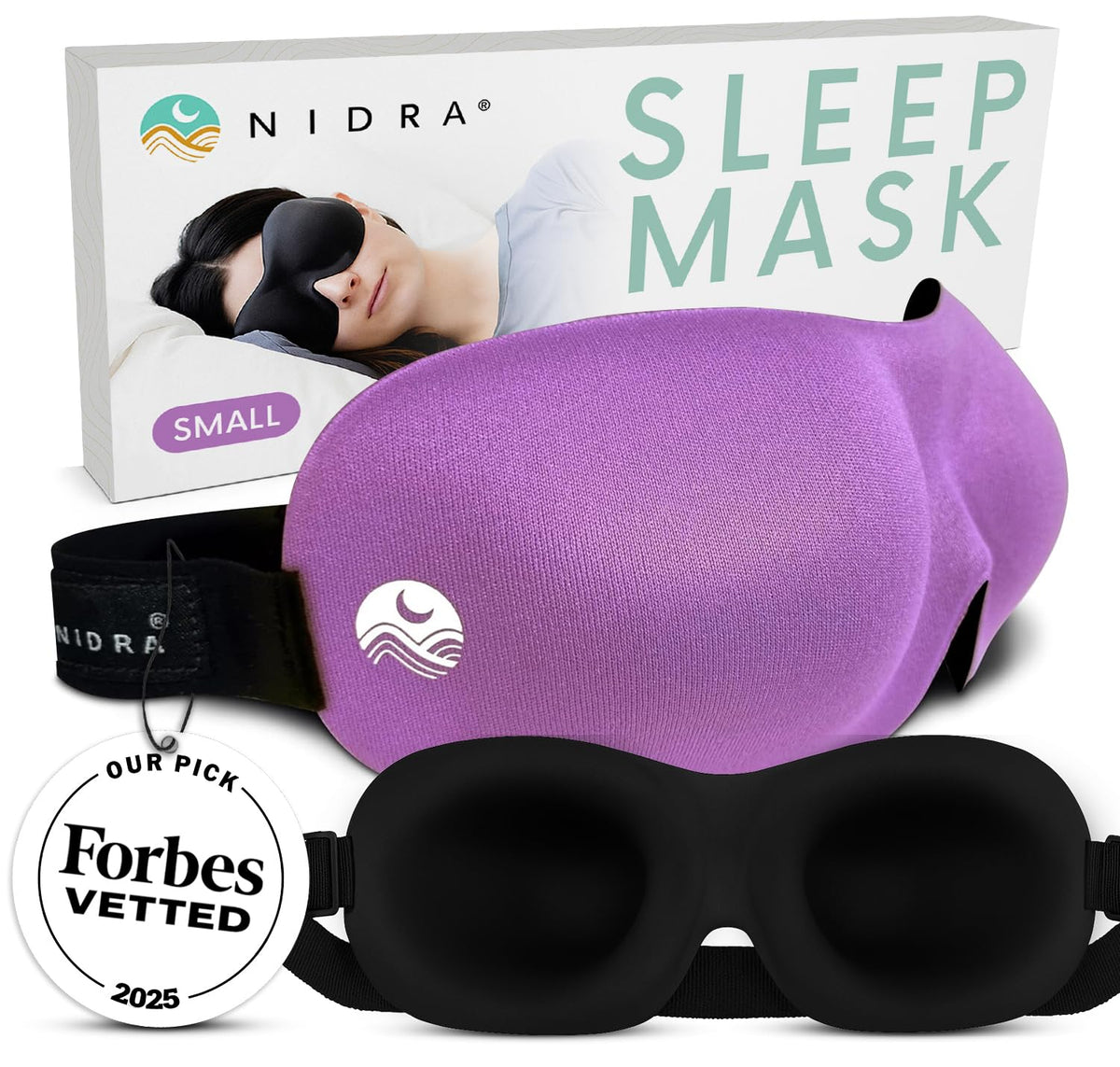 Nidra Masque Sommeil Contouré, vue frontale, obscurcissement efficace pour repos profond.