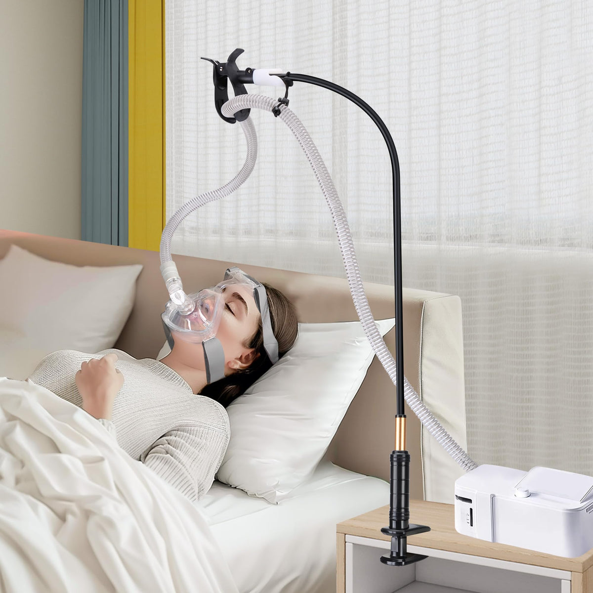 NIdreamCE porte-tuyau CPAP avec bras rotatif pour placement flexible du tuyau.
