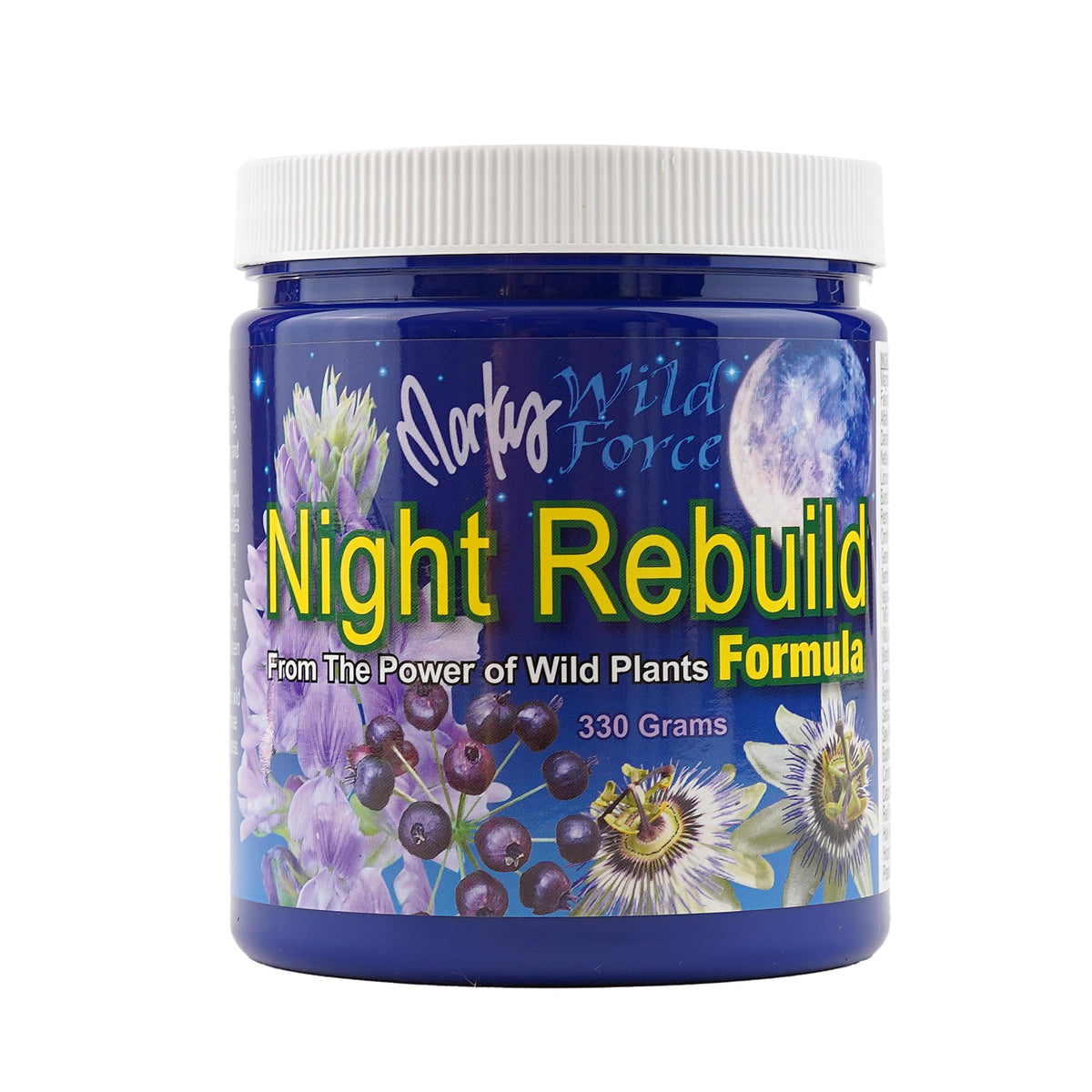 Poudre Night Rebuild dans un flacon de 330 g favorisant récupération nocturne et détente.