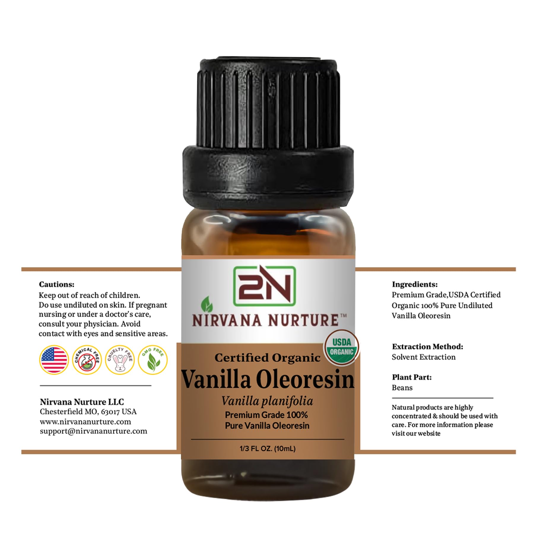 Flacon ambré Nirvana Nurture Vanille Oleoresin avec compte-gouttes pratique