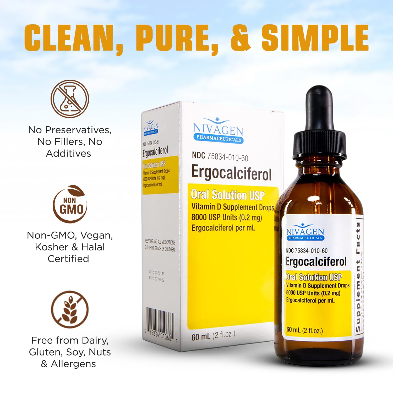 Nivagen vitamine D2 fabriqué aux États‑Unis avec traçabilité.