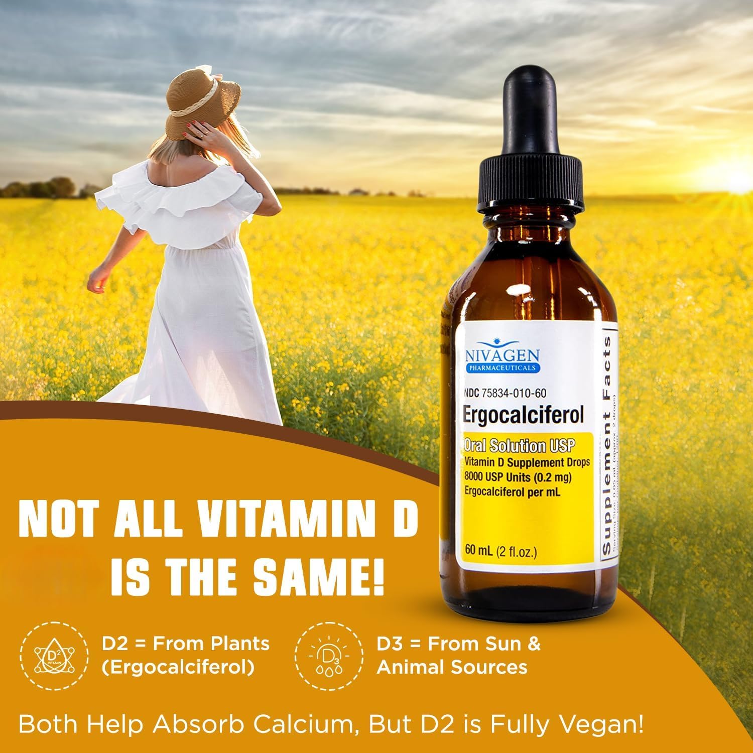 Nivagen vitamine D2 liquide, absorption efficace et sans allergènes.