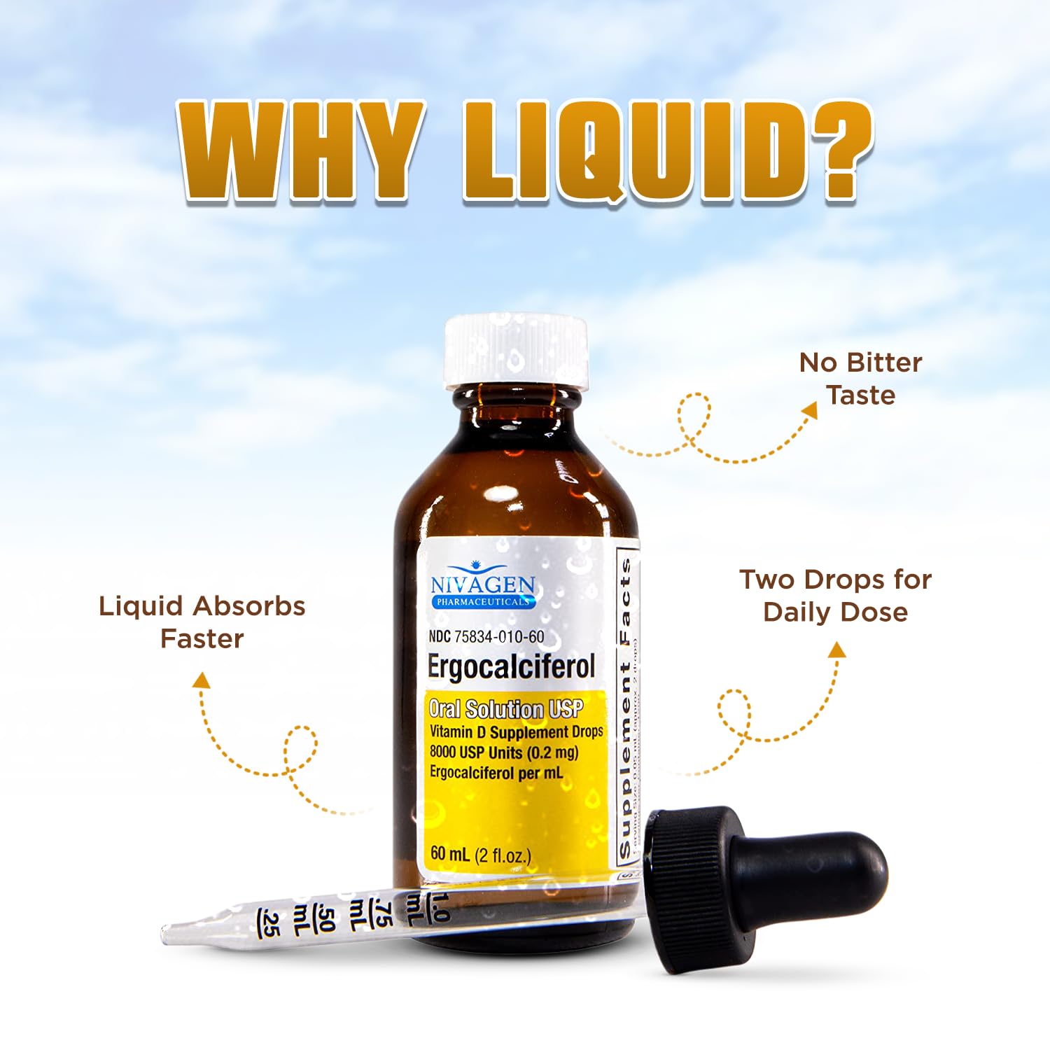 Nivagen vitamine D2 gouttes sans allergènes pour différents régimes.