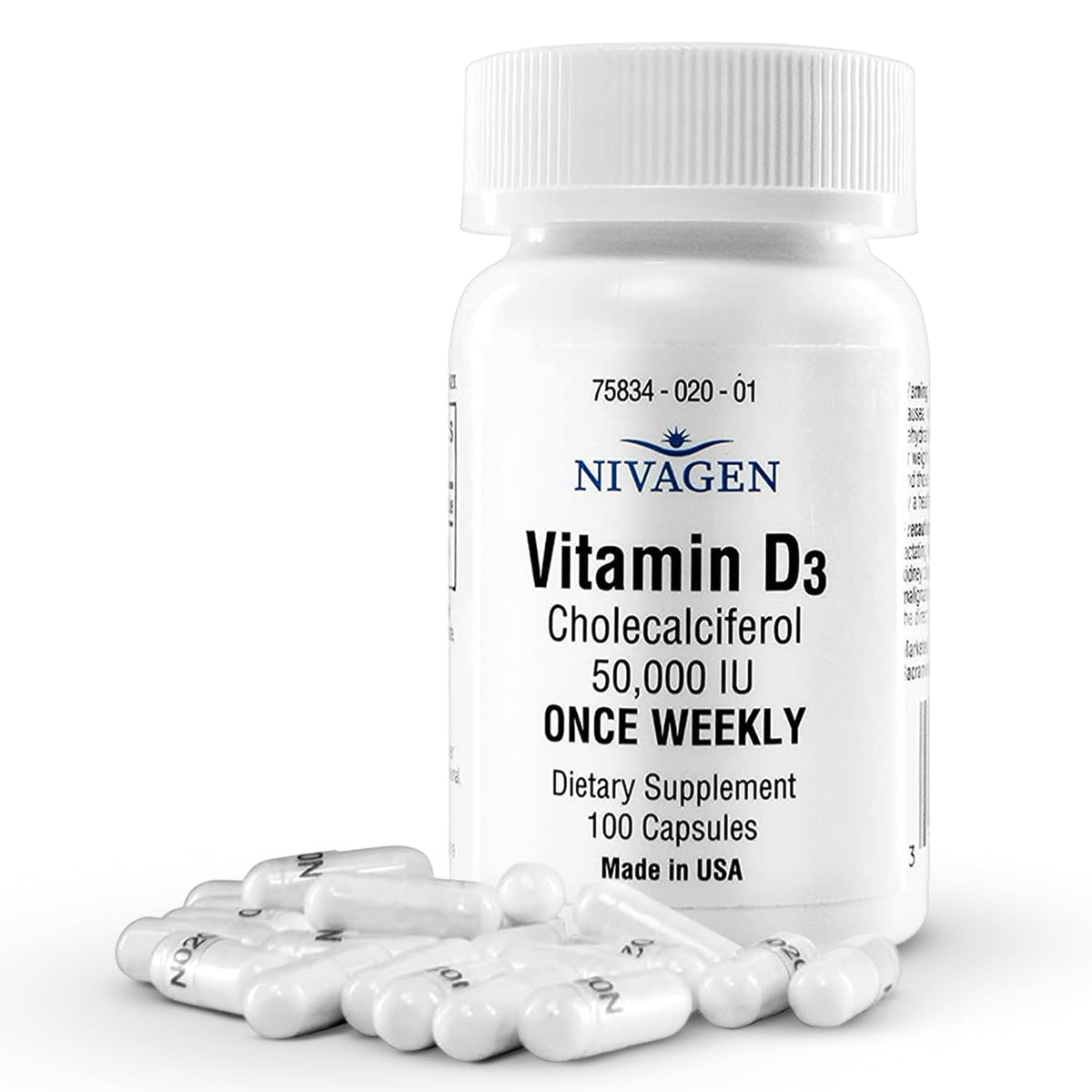 Nivagen Vitamine D3 – bouteille contenant 100 gélules, routine hebdomadaire pratique.