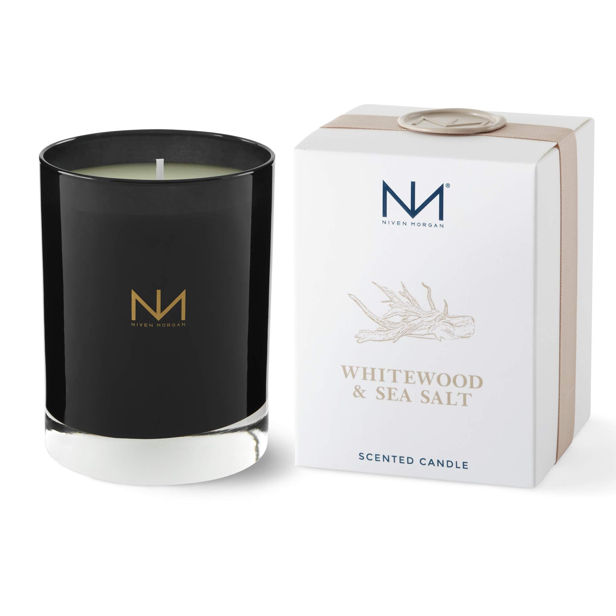 Niven Morgan Whitewood Sea Salt bougie emballage, ambiance raffinée prête à offrir.