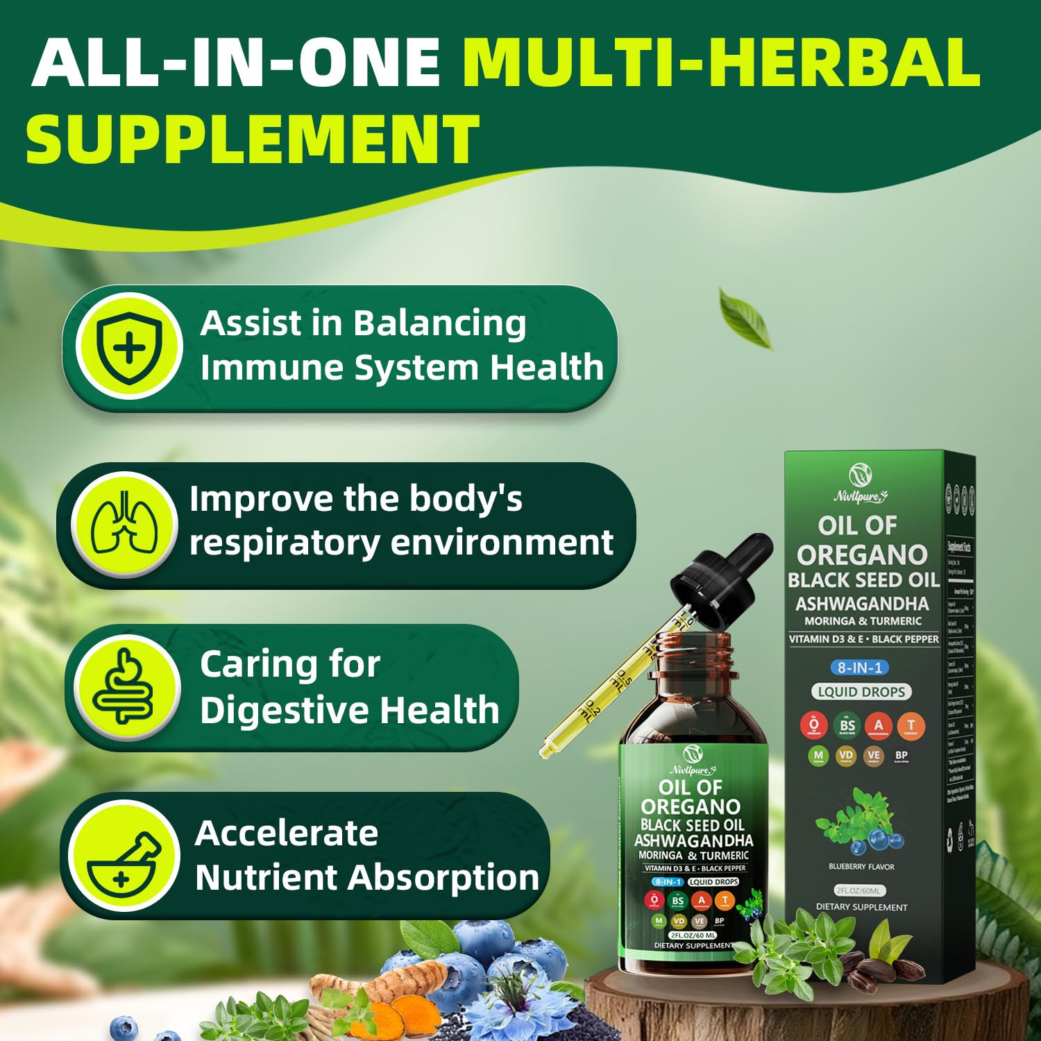 Ashwagandha et moringa dans le mélange Nivltpure, parfum herbacé équilibré.
