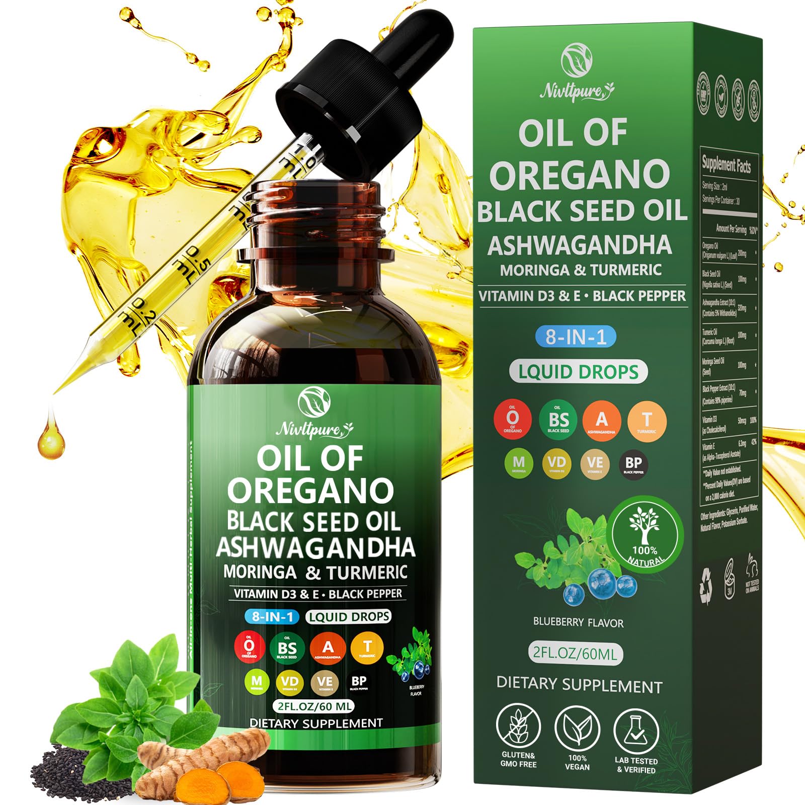 Huile d origan Nivltpure dans une bouteille noire avec pipette pour dosage facile.