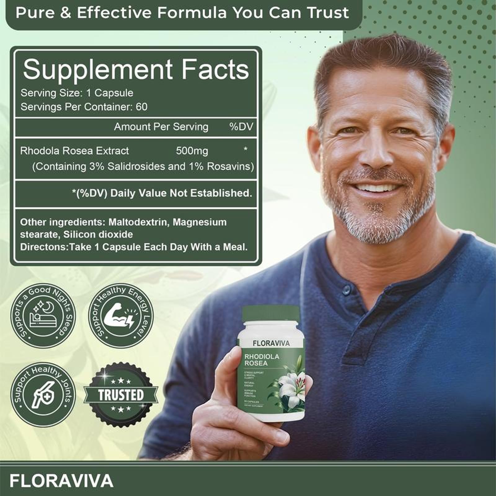 NO BALD Floraviva Rhodiola Rosea bouteille pratique pour énergie et concentration