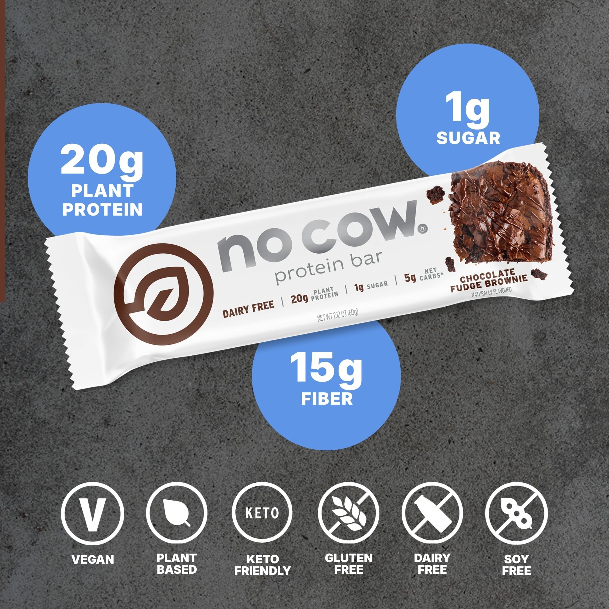 No Cow barre protéinée vegan brownie chocolat fondant – étiquette ingrédients claire.