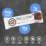 No Cow barre protéinée vegan brownie chocolat fondant – étiquette ingrédients claire.