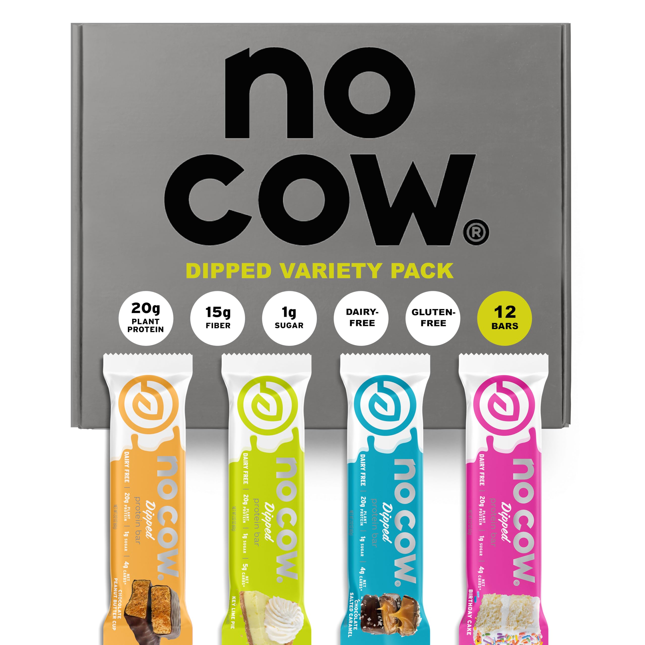 Barres No Cow protéinées enrobées, assortiment varié, parfaites après l'entraînement.